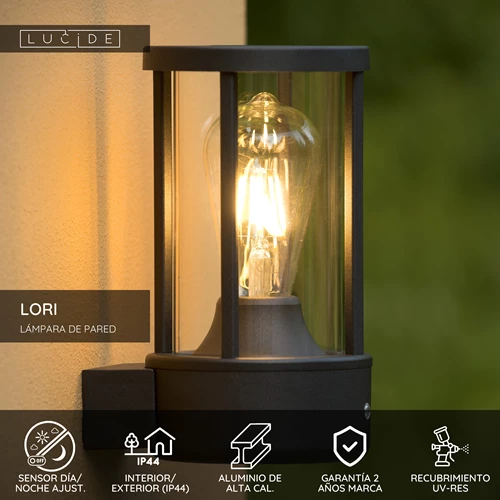 Lucide LORI - Lámpara de pared Dentro/Fuera - Ø 12 cm - 1xE27 - IP44 - Sensor día/noche - Antracita - USP